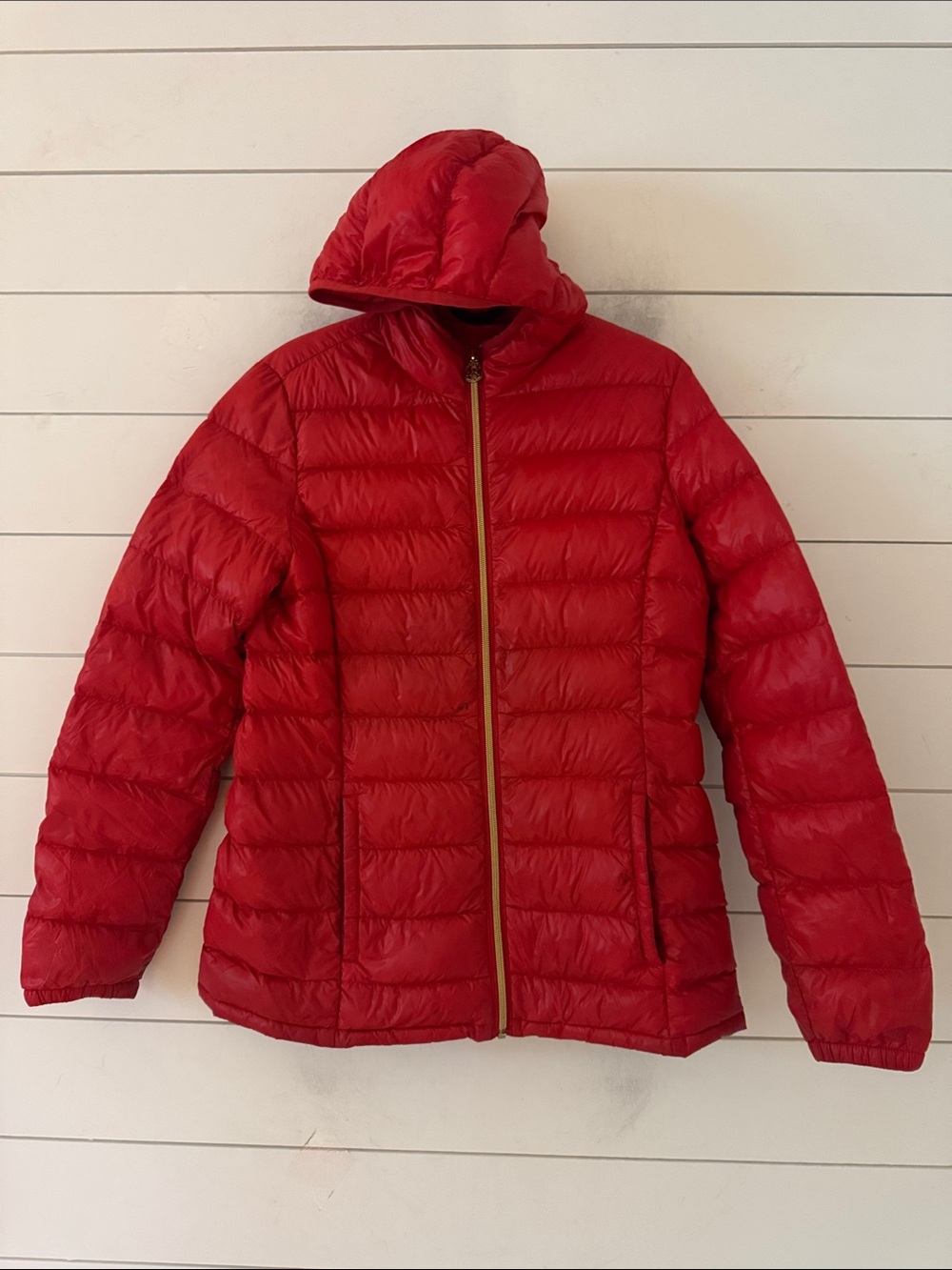 Down Packable Jacket Size S Attached Hood, Gold Zipper MK Michael Kors